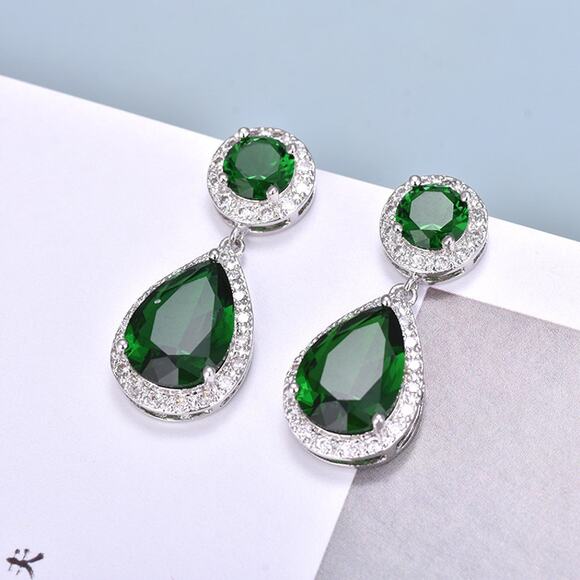 Women's Drop Dangle Emerald Simulated Silver Tone Earrings - Picture 3 of 10